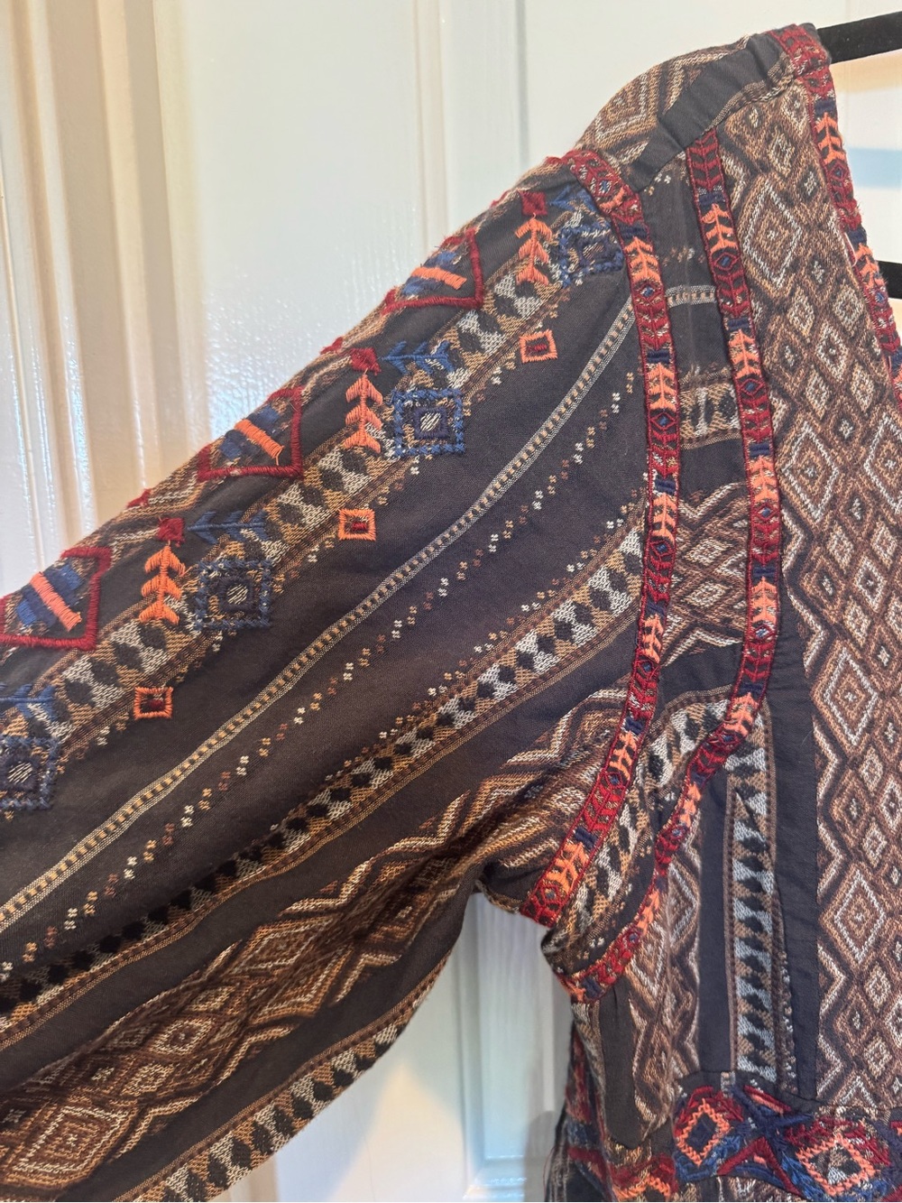 Anthropologie Textured Boho Print V-Neck Tunic Dress - Black with Rust Size 1X - Picture 3 of 16